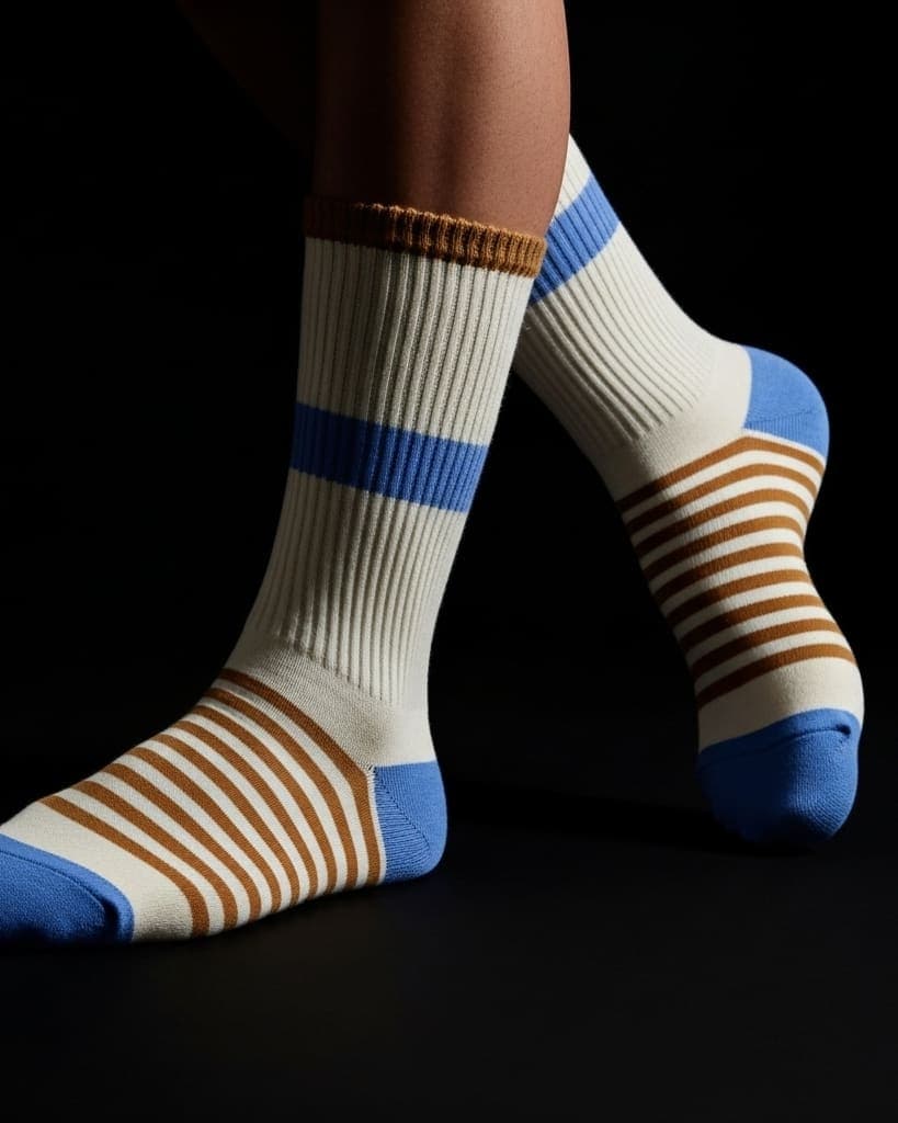 Unisex Crew Socks – Beige, Blue & Brown Striped Design hover