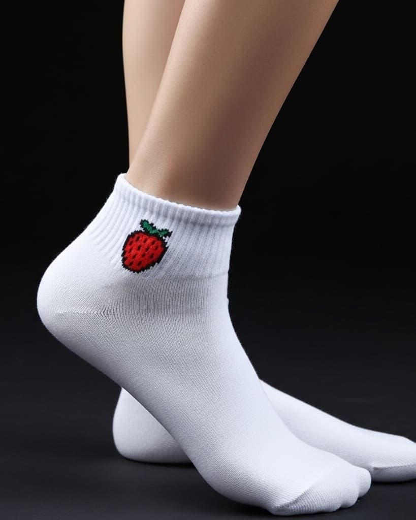 White Ankle Socks with Strawberry Embroidery – Fun & Stylish