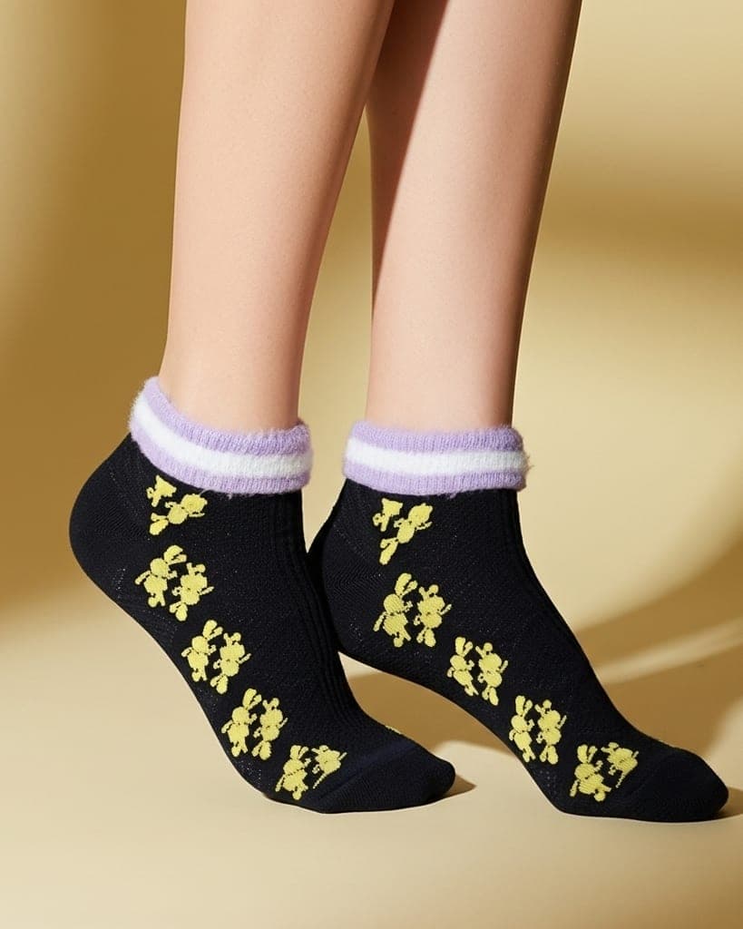Women’s Black Ankle Socks with Yellow Floral Design & Soft Cuff