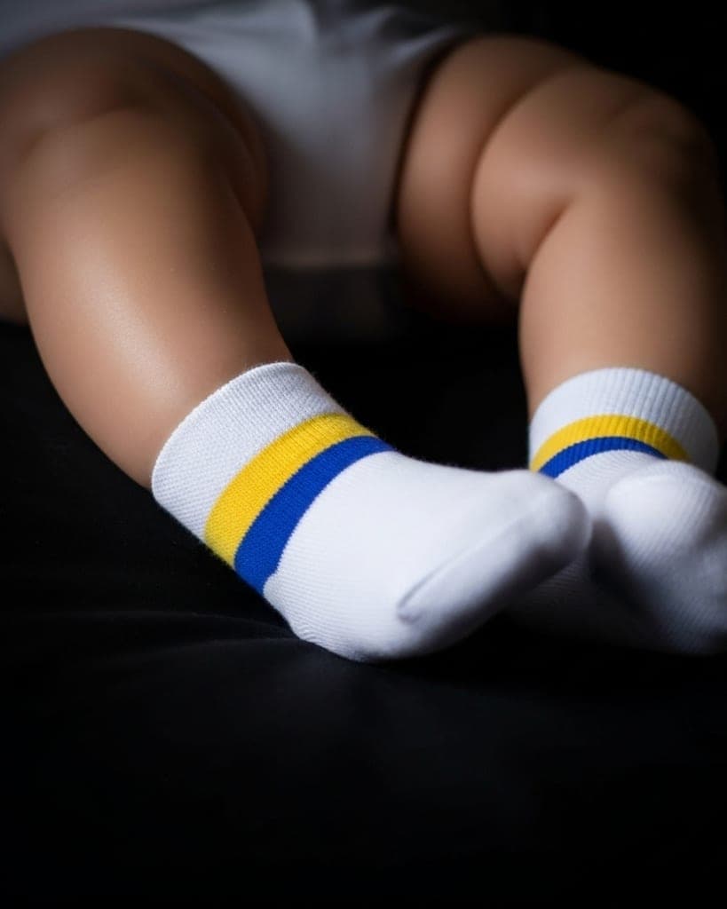 Classic White Ankle Socks with Yellow & Blue Stripes