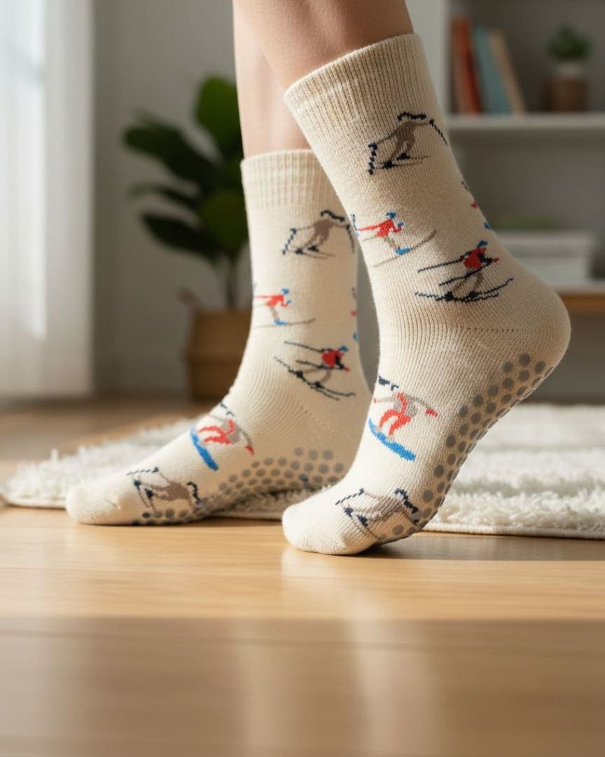 Beige Anti-Slip Crew Socks with Skater Print | Soft Cotton Grip Socks for Home & Yoga hover