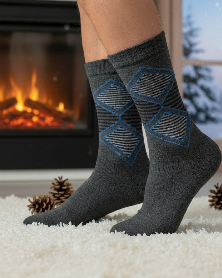 Dark Grey Woolen Winter Socks with Blue Geometric Pattern