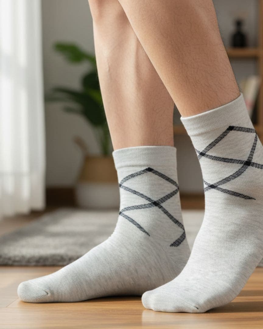 Light Grey Cotton Ankle-Length Socks with Minimal Line Pattern | Casual Wear