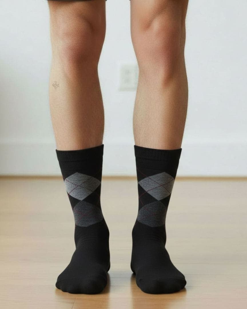 Black Woolen Winter Socks with Grey Argyle Pattern | Crew Length hover