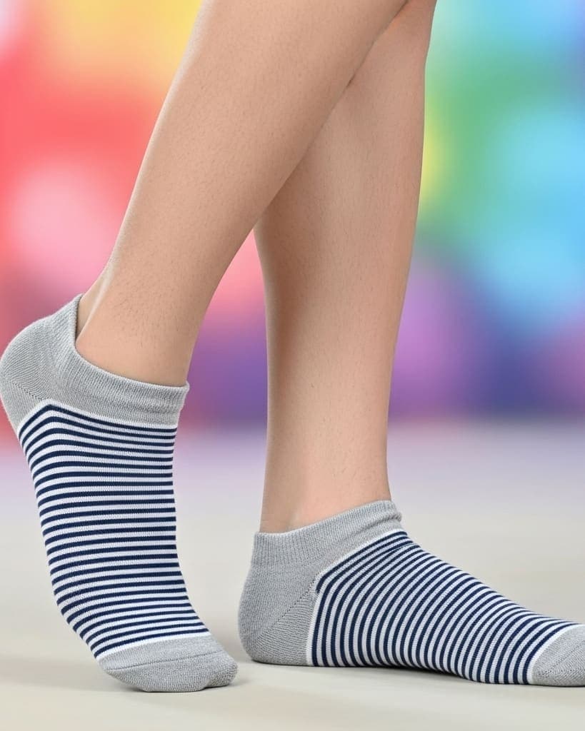 Unisex Low-Cut Ankle Socks – Grey with Navy Blue Stripes