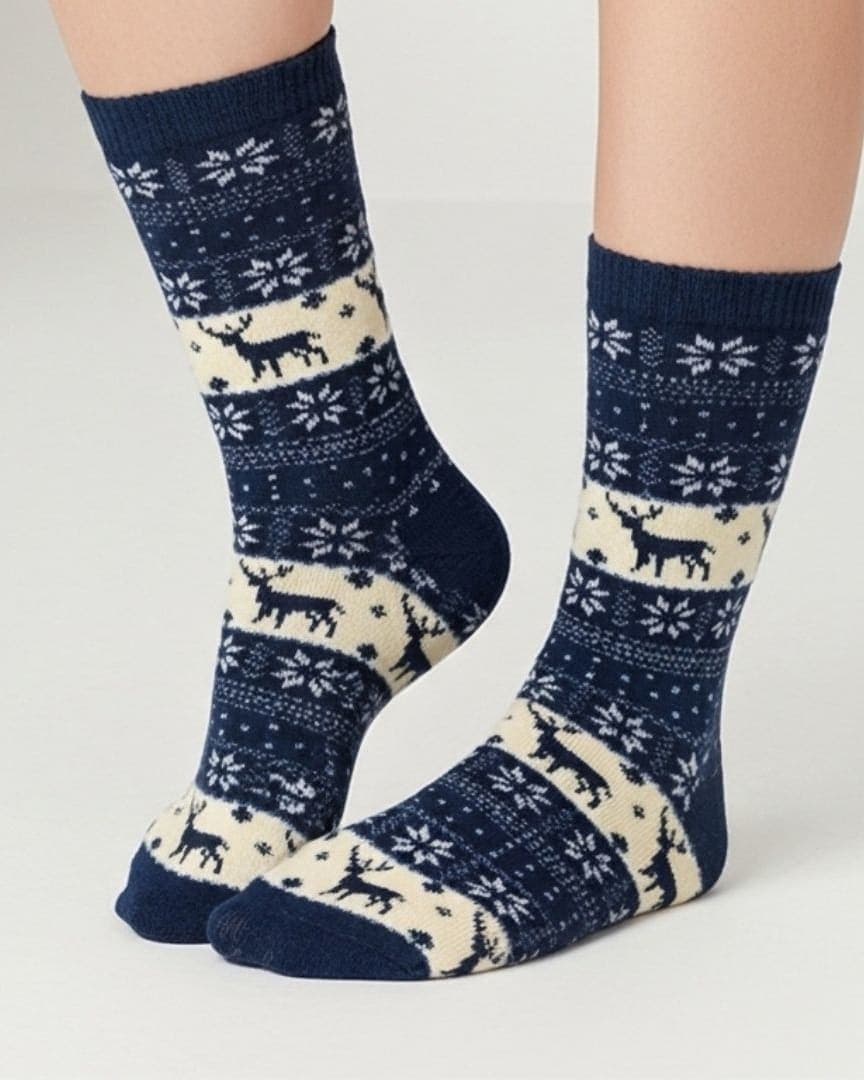 Woolen Winter Socks – Blue & Cream | Cozy Reindeer & Snowflake Design