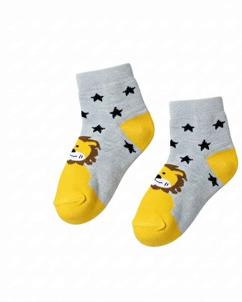 Kids’ Lion & Stars Ankle Socks – Grey & Yellow hover