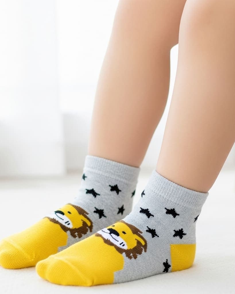 Kids’ Lion & Stars Ankle Socks – Grey & Yellow