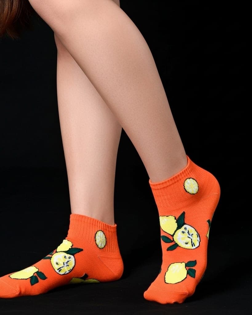 Orange Ankle Socks with Lemon – Fun Fruit Design, Soft Cotton Blend