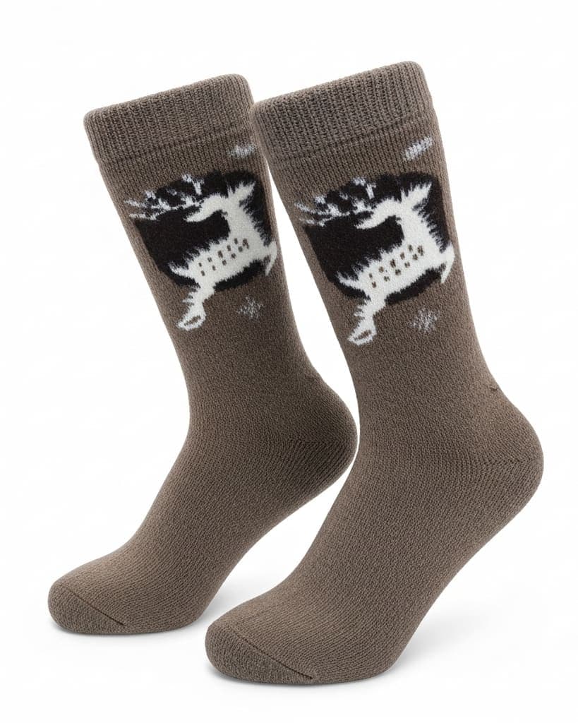 Warm Wool Blend Crew Socks in Brown with Reindeer Design
