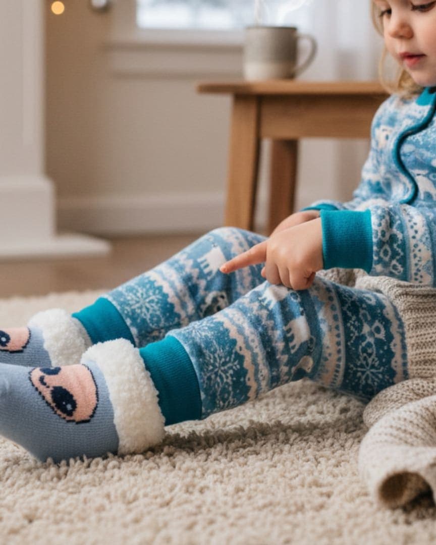 Blue Kids Winter Socks with Cute Face Design & Soft Fur Cuff (3–4 Years)