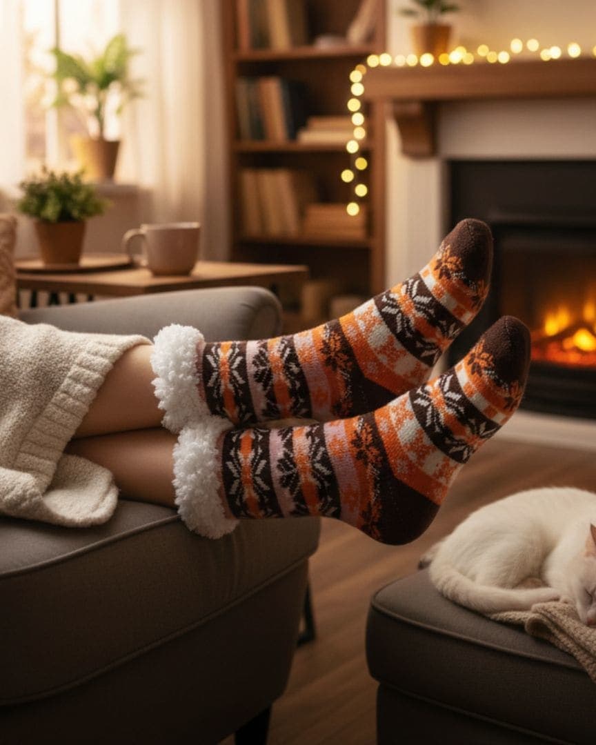 Brown & Orange Women Winter Home Socks with White Fur Cuff – Warm Cozy Indoor Socks