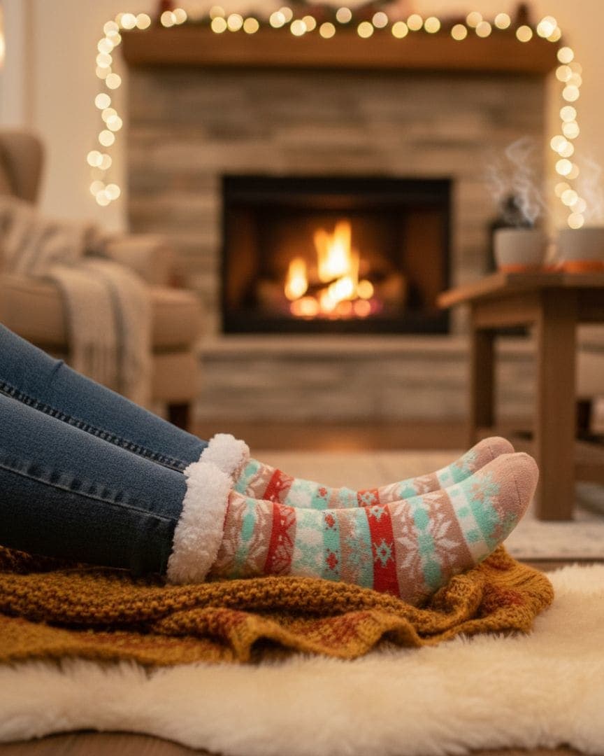 Mint Green, Peach & Red Women Winter Home Socks with White Fur Cuff – Cozy Warm Indoor Socks hover
