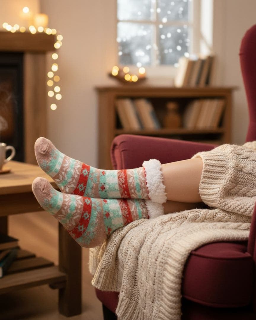 Mint Green, Peach & Red Women Winter Home Socks with White Fur Cuff – Cozy Warm Indoor Socks