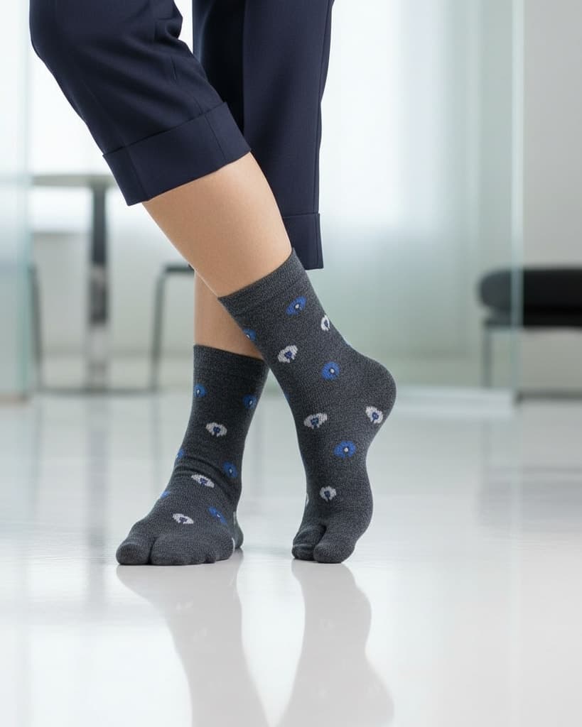 Charcoal Grey Woolen Thumb-Toe Socks with Blue & White Dot Motif | Crew Length1 hover