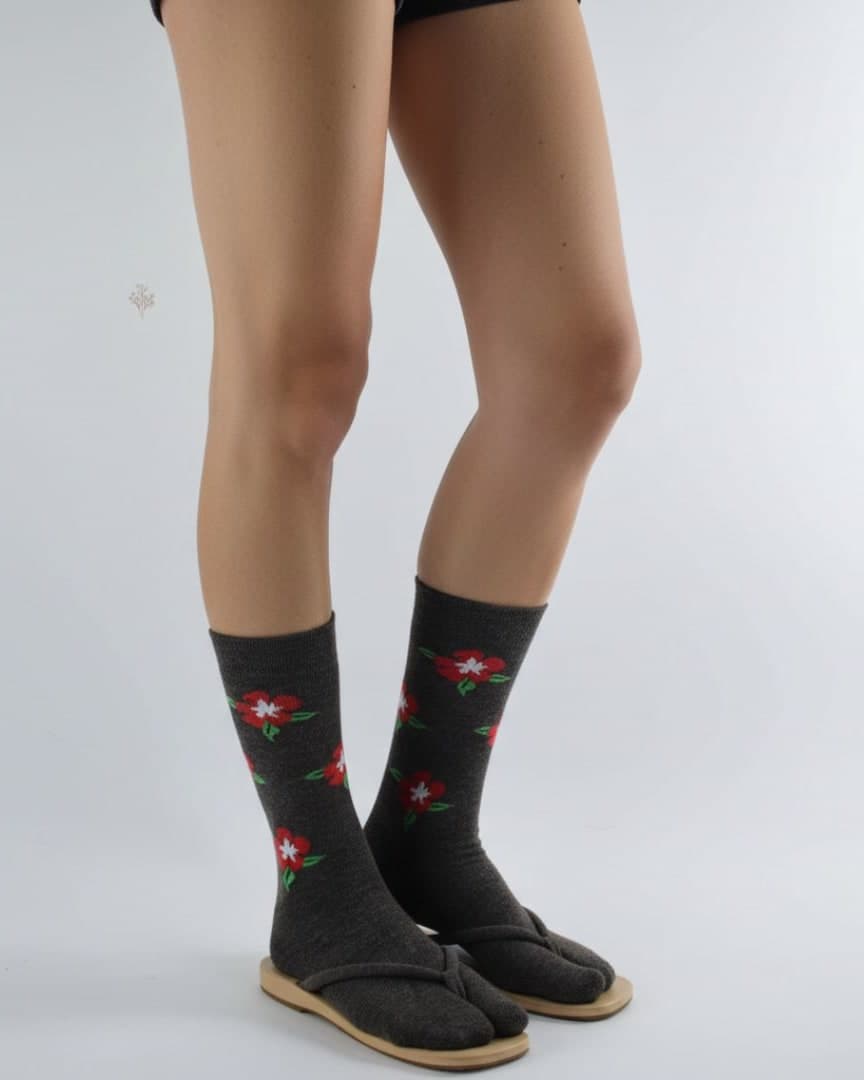 Charcoal Grey Woolen Thumb-Toe Socks with Red Floral Print | Crew Length1 hover