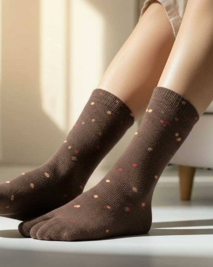Brown Woolen Thumb Toe Socks with Polka Dot Pattern | Crew-Length Soft Knit Socks1 hover