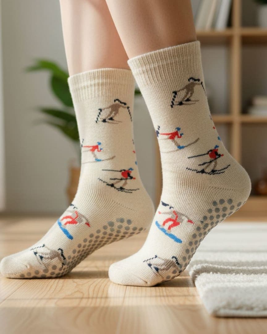 Beige Anti-Slip Crew Socks with Skater Print | Soft Cotton Grip Socks for Home & Yoga1