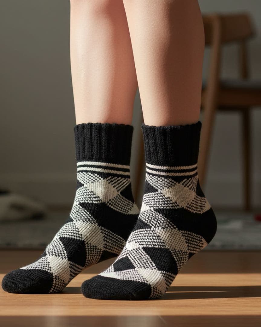 Black & White Checkered Winter Socks | Soft Knit Crew Socks1