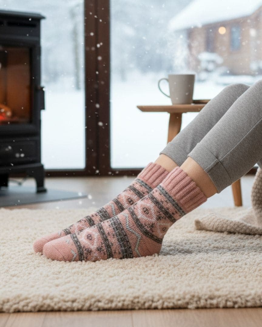 Cozy Fair Isle Winter Women Socks | Thick Knit Pink & Grey Thermal Lounge Socks1