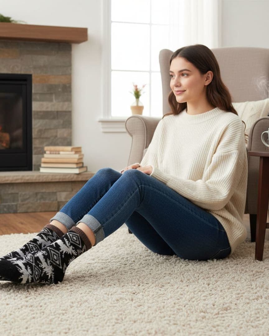 Black Woolen Thermal Socks | Soft Fleece-Lined Warm Winter Socks with Nordic Reindeer Pattern1 hover