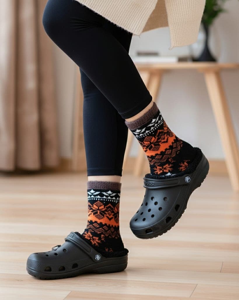 Winter Thermal Wool Socks – Soft Fleece-Lined Warm Socks with Nordic Pattern (Black & Orange)1 hover