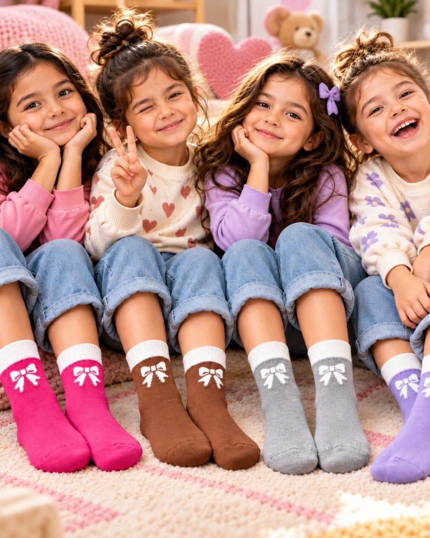 FeetbyFoot Kids Socks for Girls – Cute Bow Design, Soft & Breathable Fabric, 4 Pairs Pack hover