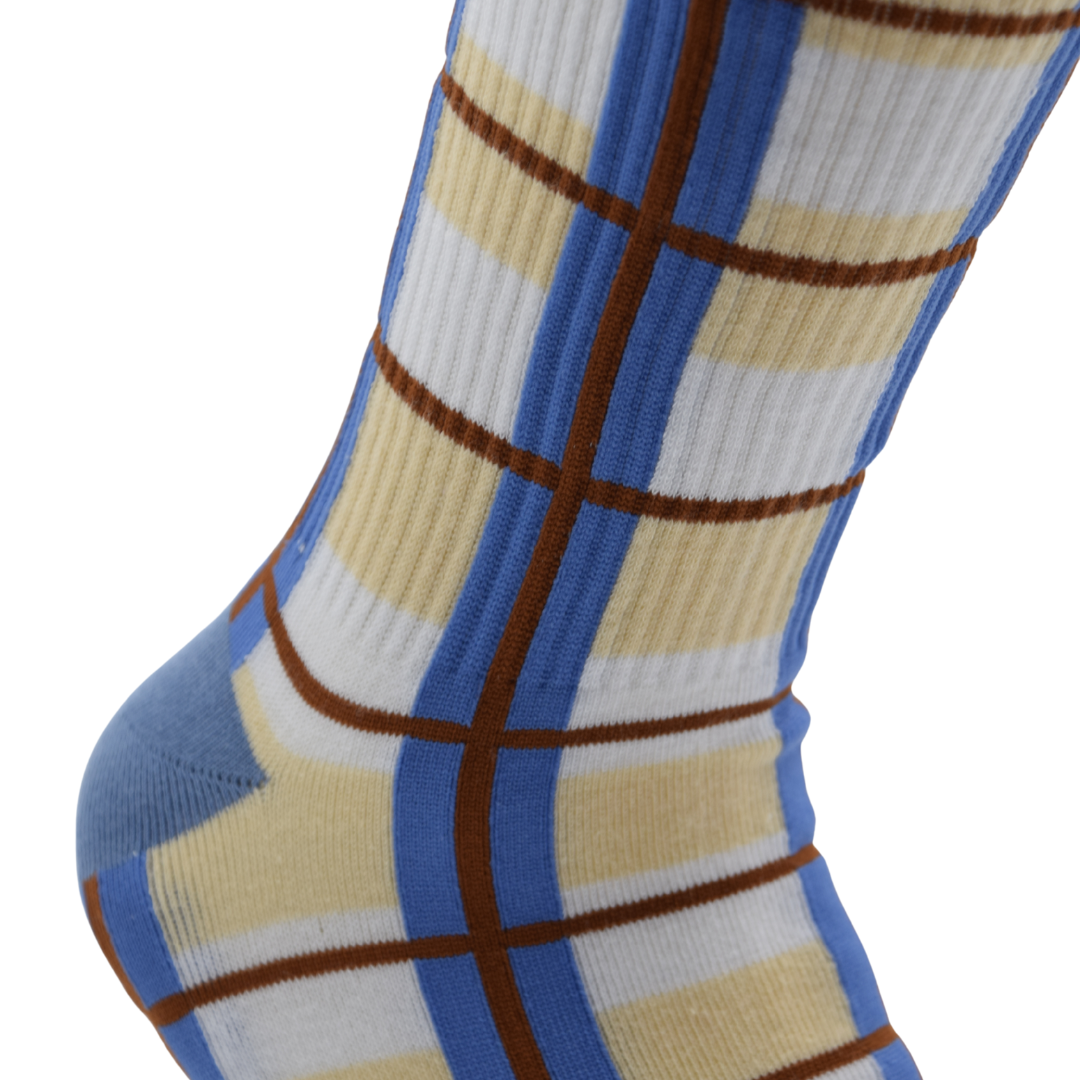 Unisex Crew Socks – Blue, Beige & Brown Checkered Design - Image 4