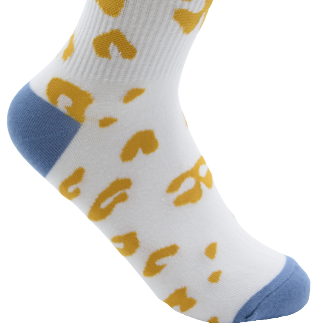 Unisex Crew Socks – White with Yellow Spots & Blue Accents - Image 4