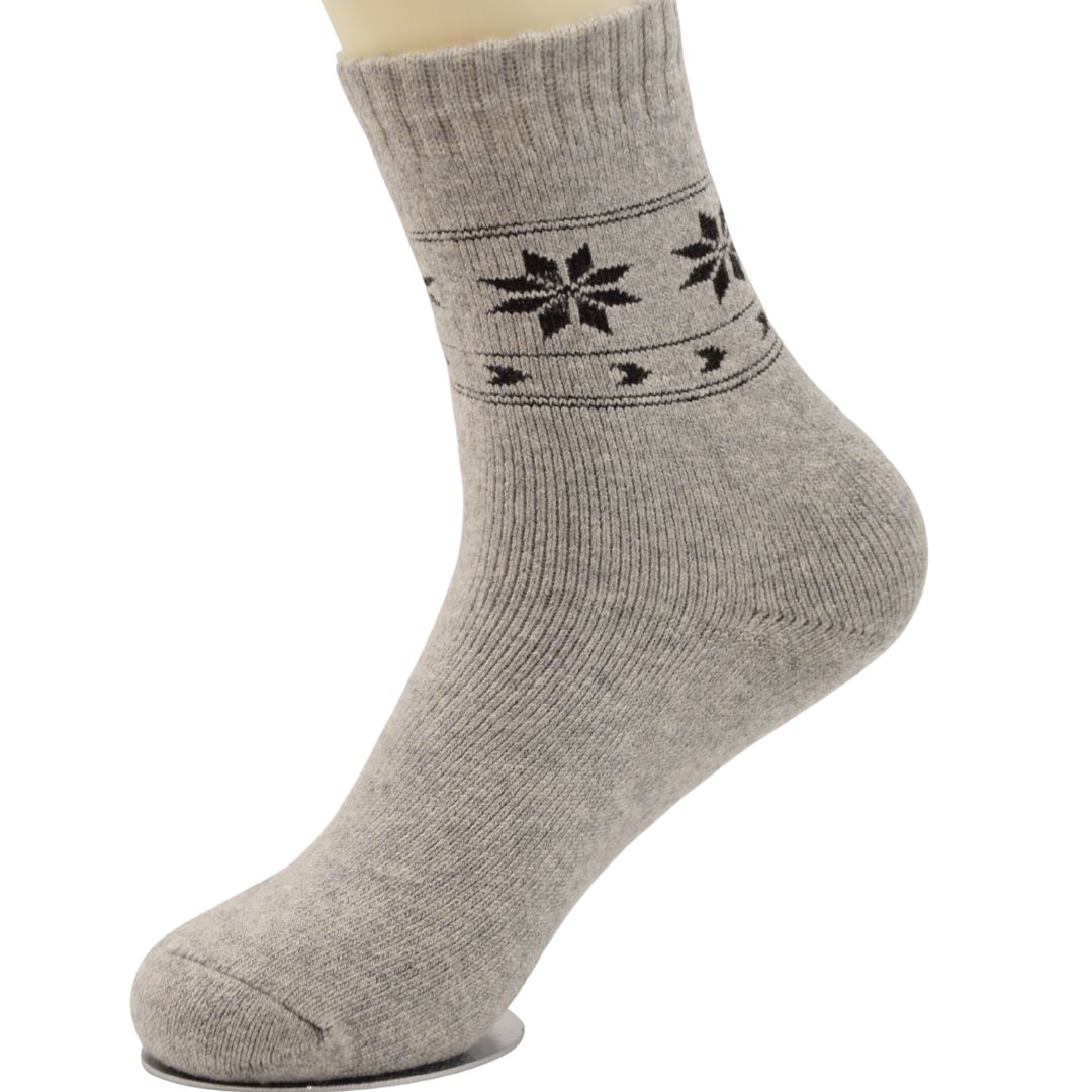 Women’s Woolen Winter Socks – Light Grey with Black Snowflake Pattern - Image 2