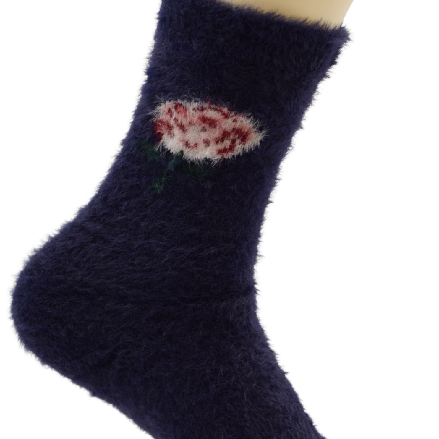 Women’s Fuzzy Winter Socks – Navy Blue with Floral Design - Image 4
