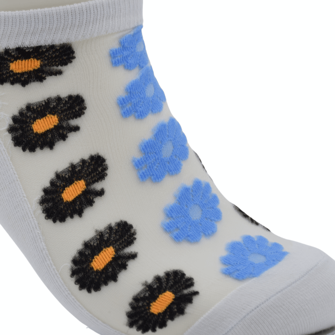 White Sheer Ankle Socks with Black & Blue Floral Pattern - Image 4