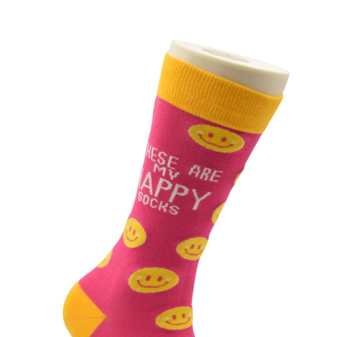 Happy Face Crew Socks – Pink & Yellow Smiley Design with Quote, Unisex - Image 4