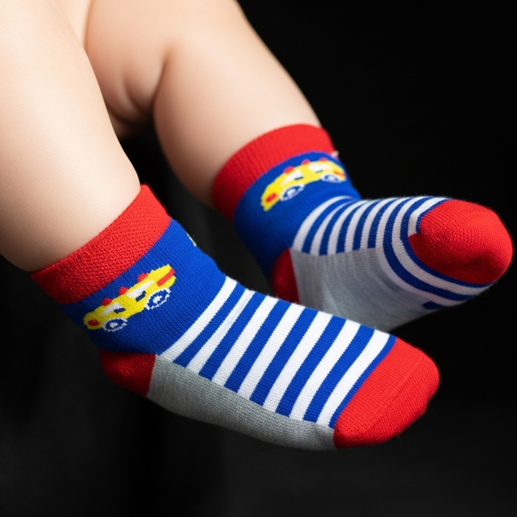Kids Car Design Ankle Socks – Blue, Red & Grey | Fun Cotton Comfort