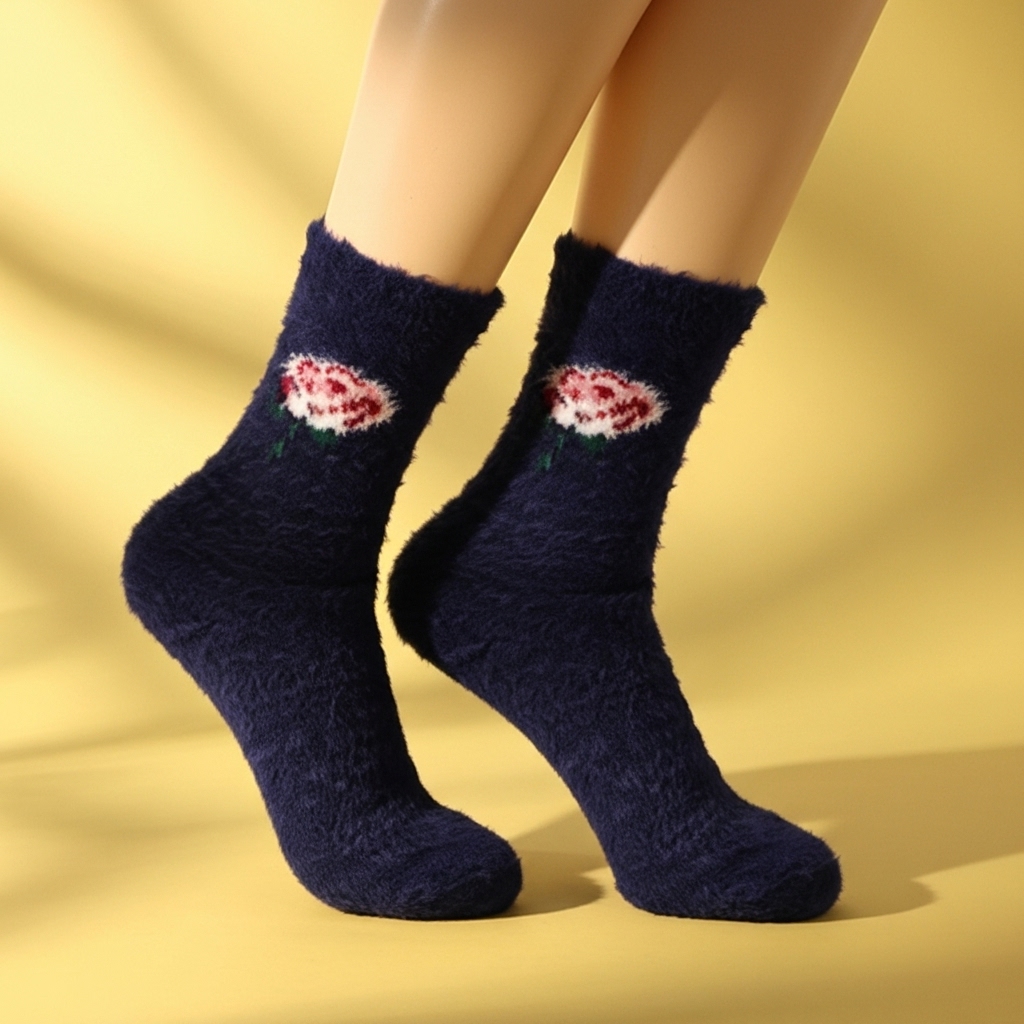 Women’s Fuzzy Winter Socks – Navy Blue with Floral Design - Image 3