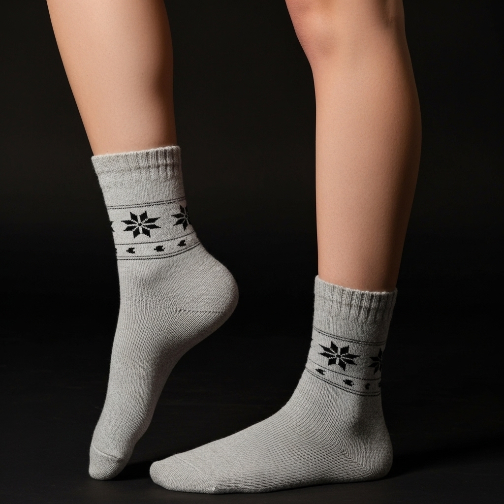 Women’s Woolen Winter Socks – Light Grey with Black Snowflake Pattern - Image 3