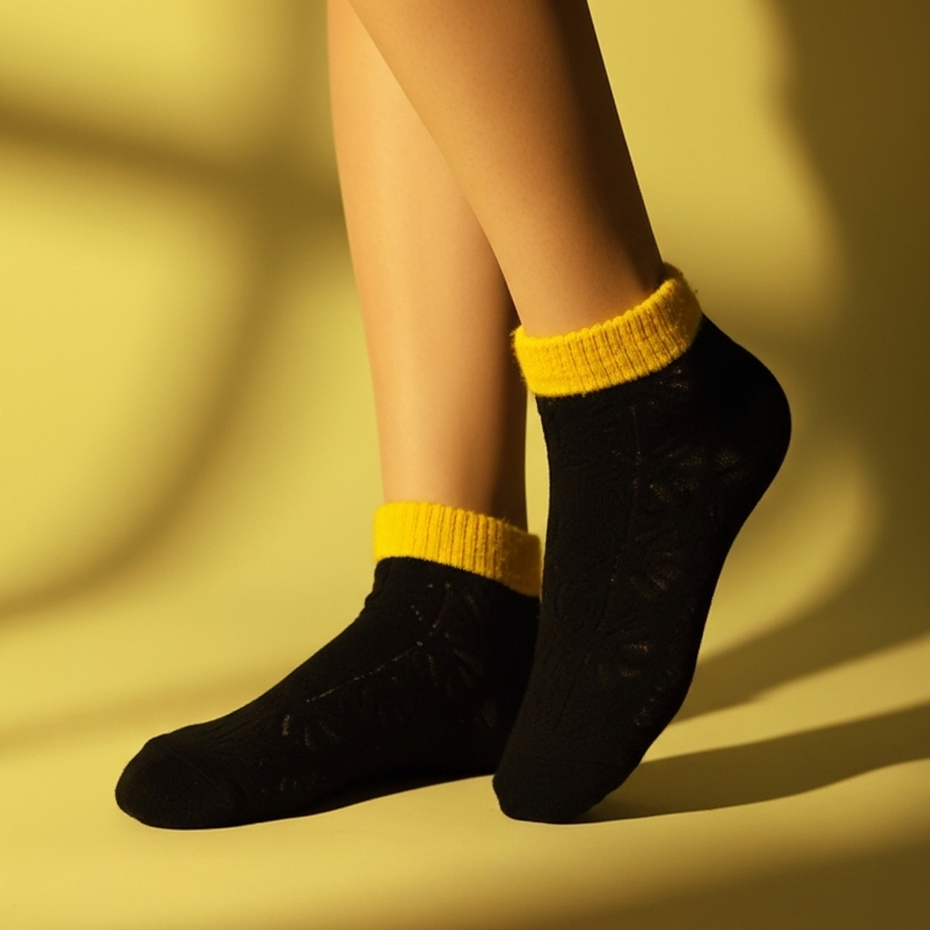 Cozy Floral Ankle Socks with Fuzzy Yellow Cuff – Black & Mustard - Image 3