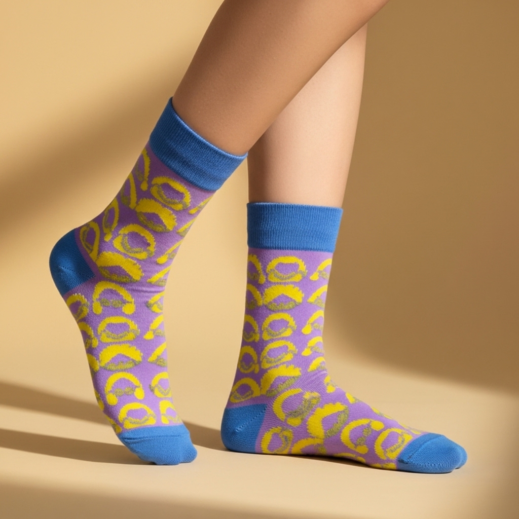 Pastel Pattern Crew Socks – Lavender & Yellow with Blue Accents