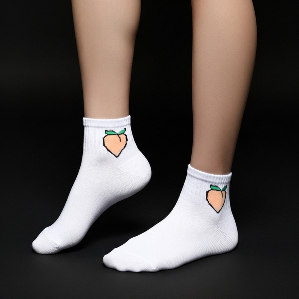 White Ankle Socks with Peach Embroidery – Cute & Trendy Style