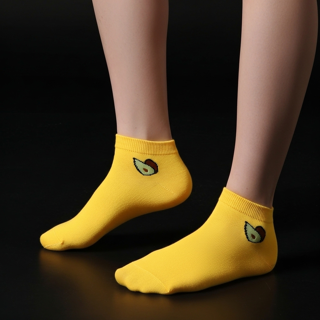 Yellow Ankle Socks with Avocado Design