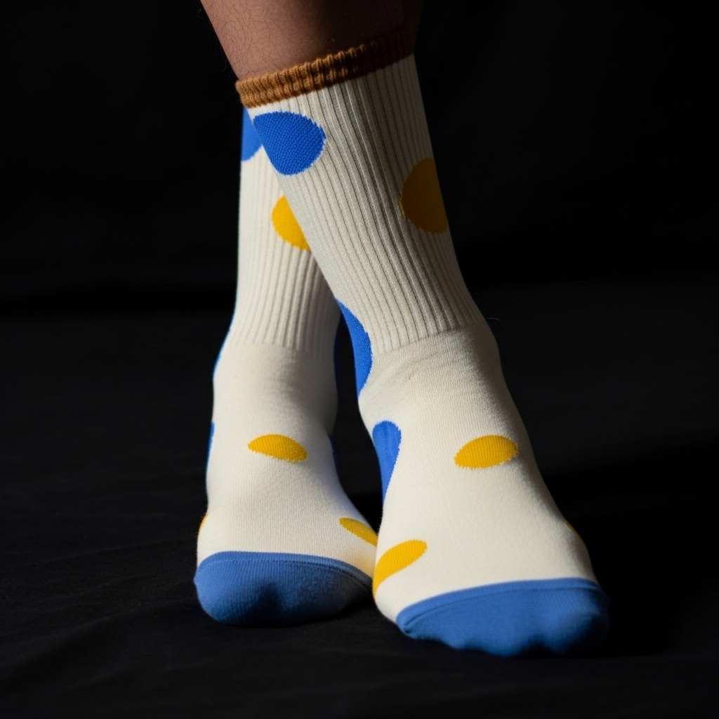 Retro Polka Dot Crew Socks – Beige with Blue & Yellow Dots - Image 3