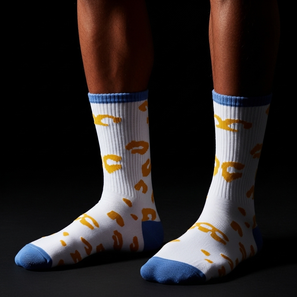 Unisex Crew Socks – White with Yellow Spots & Blue Accents