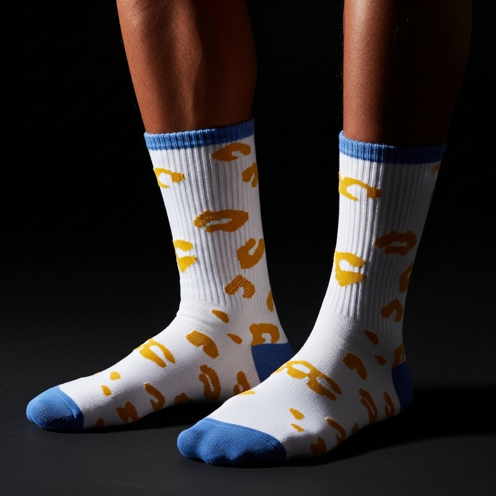 Unisex Crew Socks – White with Yellow Spots & Blue Accents - Image 3