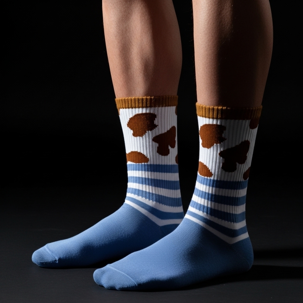 Unisex Crew Socks – Blue with Brown Spots & Striped Pattern