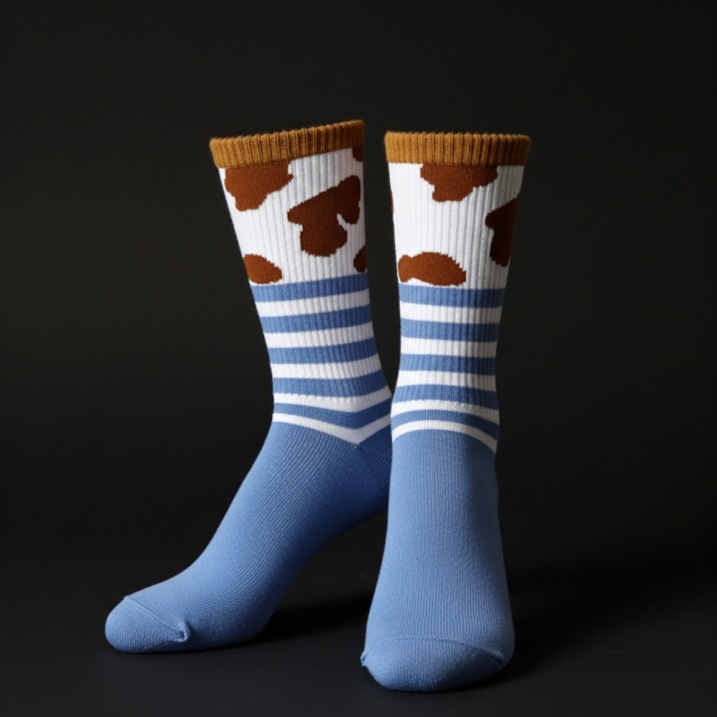 Unisex Crew Socks – Blue with Brown Spots & Striped Pattern - Image 4