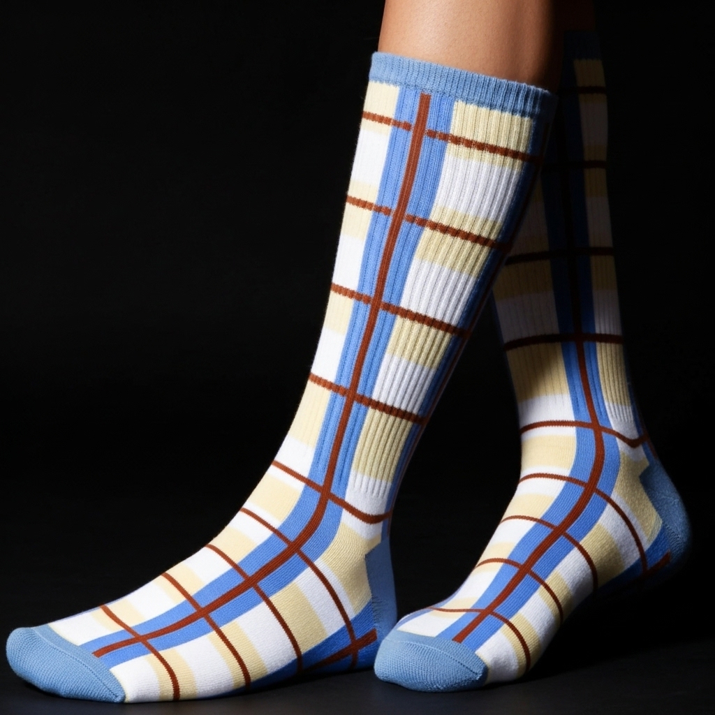 Unisex Crew Socks – Blue, Beige & Brown Checkered Design
