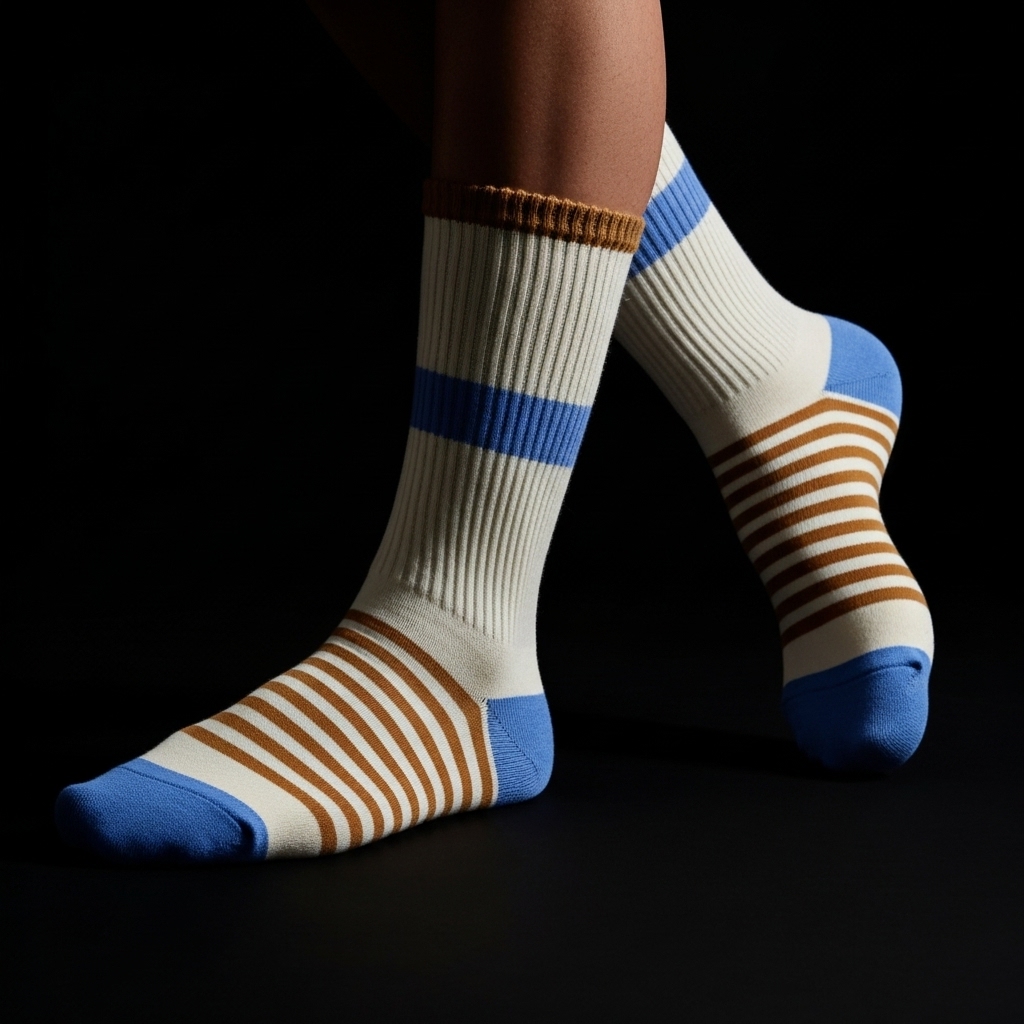 Unisex Crew Socks – Beige, Blue & Brown Striped Design
