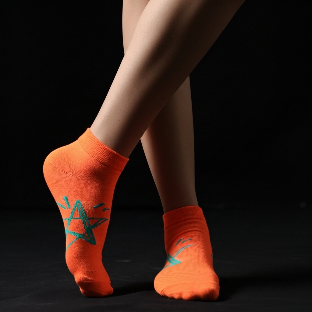 Orange Ankle Socks with Green Star Design – Soft & Stylish Casual Wear