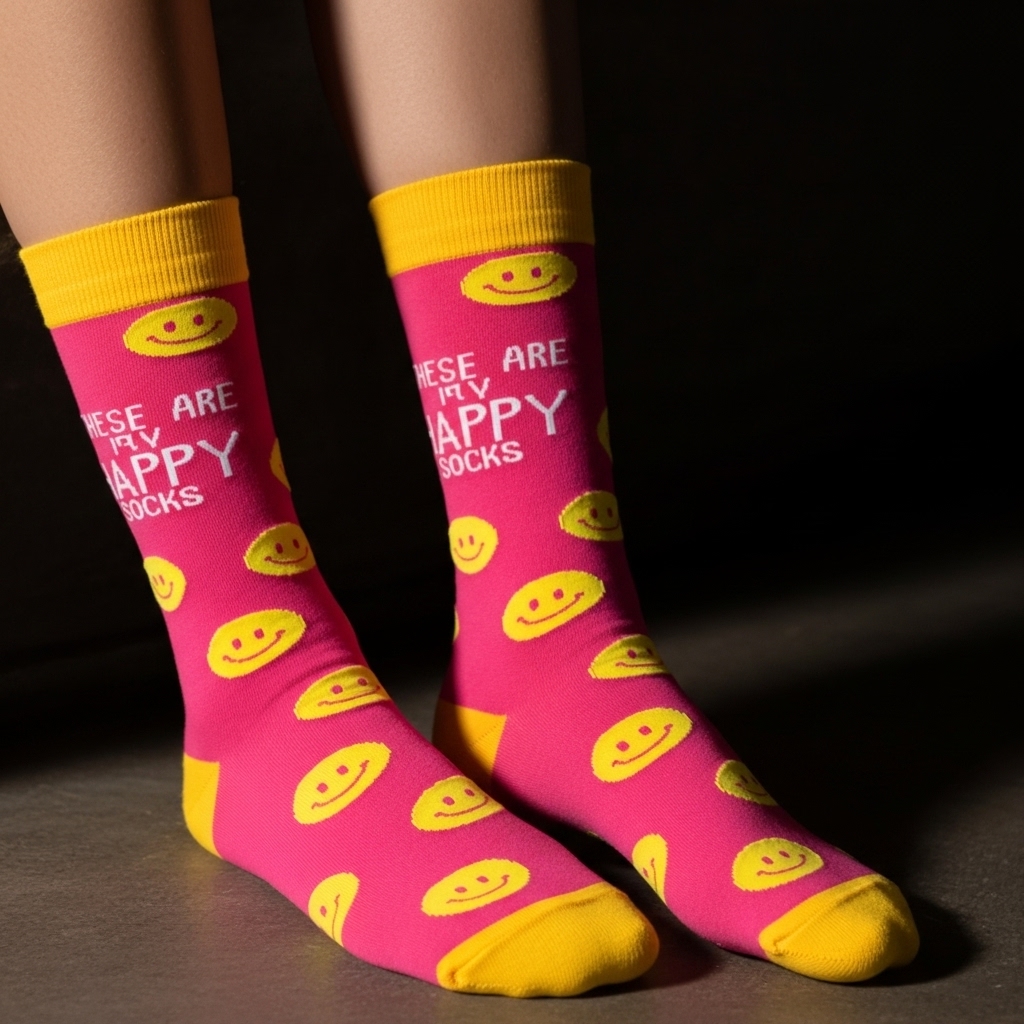 Happy Face Crew Socks – Pink & Yellow Smiley Design with Quote, Unisex - Image 3