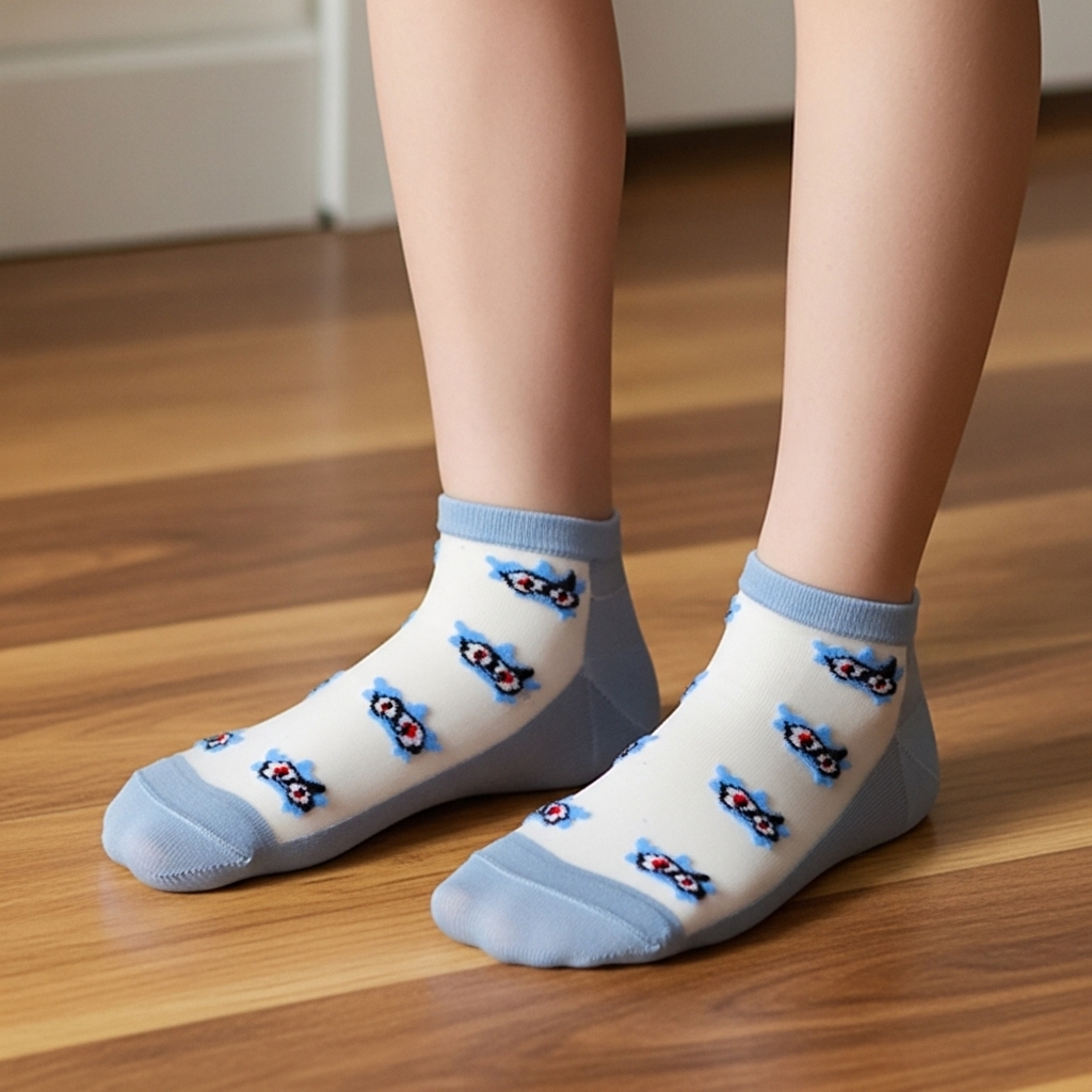 Sky Blue Sheer Ankle Socks with Floral Embroidery - Image 3
